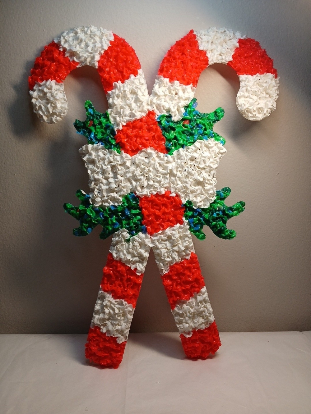 Vintage Popcorn Plastic Festive Red & White Candy Cane Holiday Wall Decor 1970s